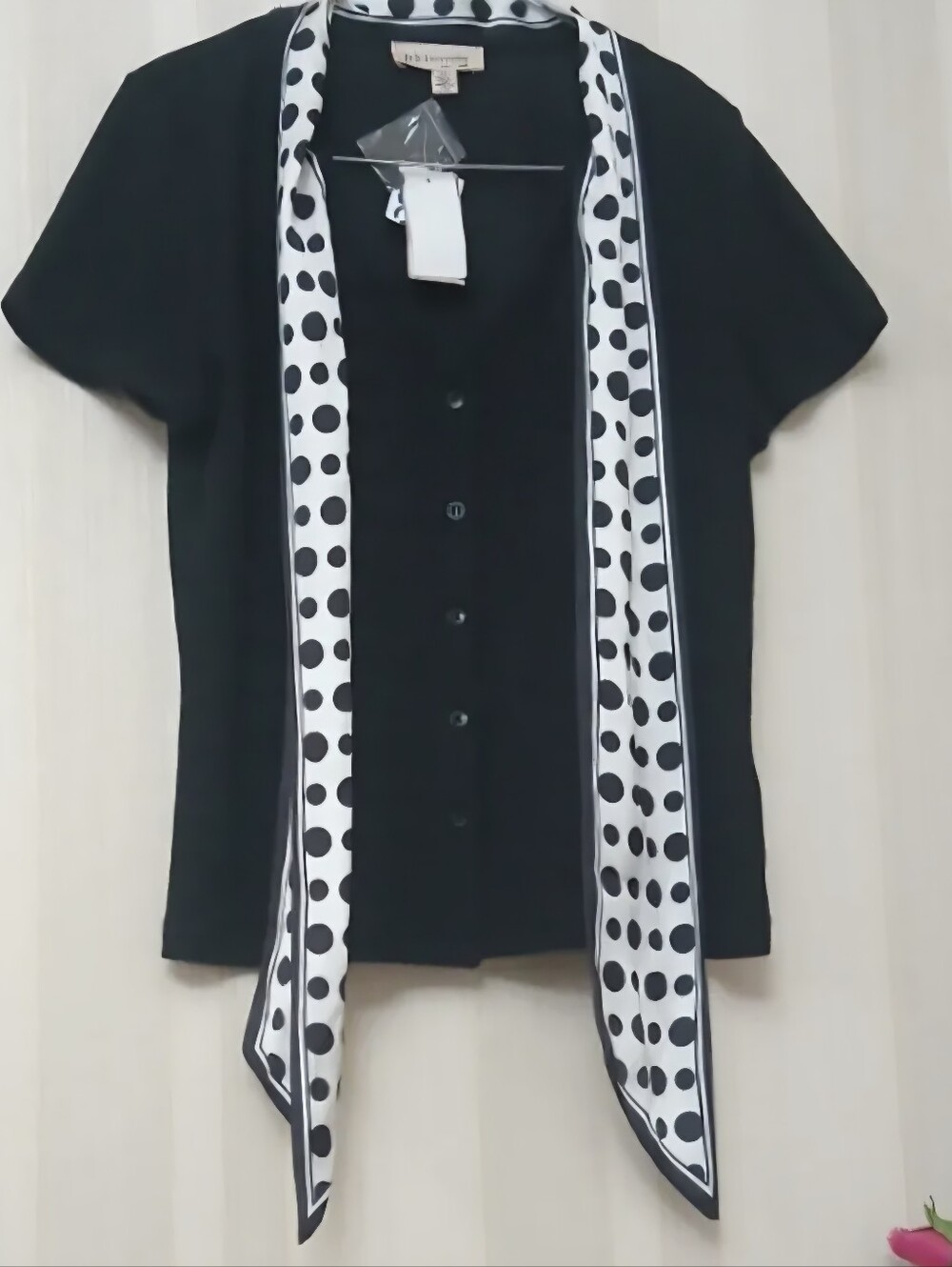 Philosophy Black Button Front Top with Polka Dot Neck Scarf Med New - Picture 2 of 11